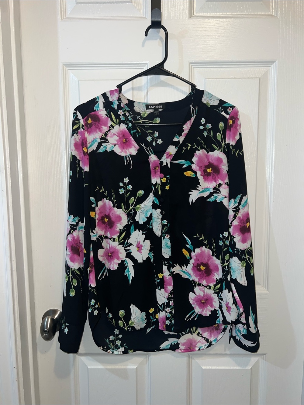 Express Black Button-Up Blouse with Pink Floral Print